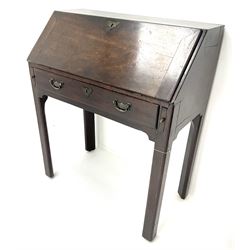 George III mahogany bureau, fall front with sliding stays, single frieze drawer, square supports with inner chamfer and outer moulded edge