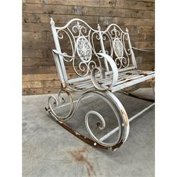 Wrought metal rocking garden bench seat, in antique grey finish