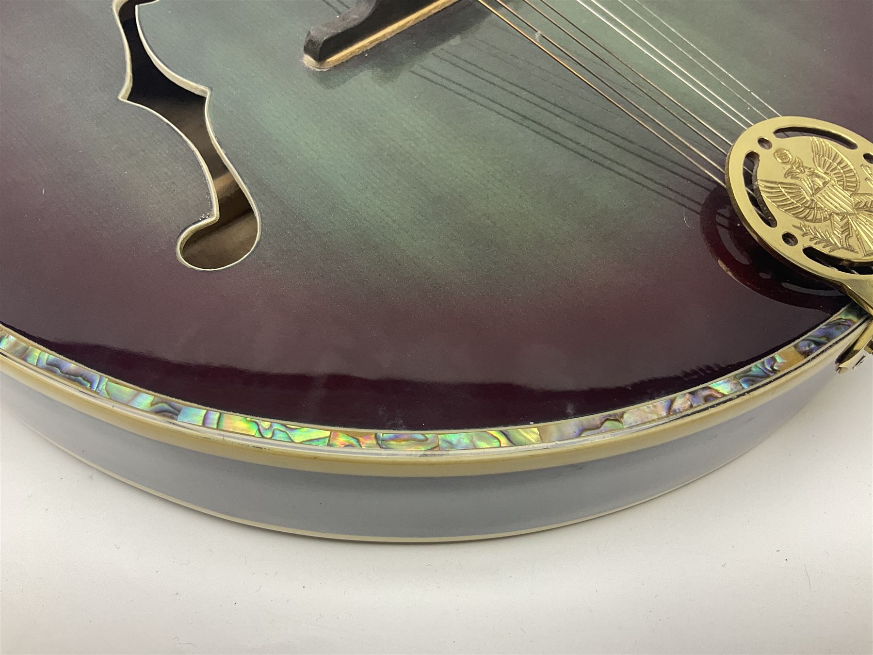 Chinese F-hole eight-string mandolin with sunburst finish, mother-of-pearl inlay of dragons chasing the flaming pearl and dragon carved headstock L71cm