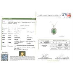 Platinum Colombian emerald and diamond pendant necklace, single octagonal cut emerald of 7.38 carat, surrounded by round cut diamonds in a fancy milgrain pierced design setting, stamped Pt 950, on a trace link chain necklace, total diamond weight 1.14 carat, with GCS certificate