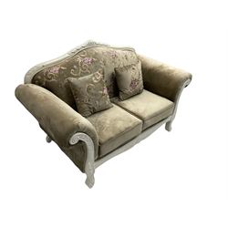 French style white finish two seat sofa, upholstered in grey fabric with scrolling floral pattern, the frame decorated with leaf motifs 