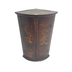 19th century lacquered chinoiserie corner cabinet, painted with red and gilt traditional pagoda scenes with birds and trees, the two doors enclosing three shelves