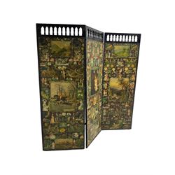 Victorian screen, three ebonised folding panels with balustrade tops, decorated with paper scraps 