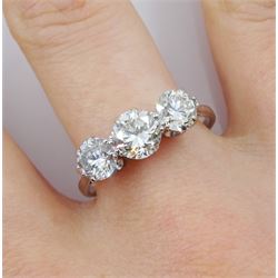 Platinum three stone round brilliant cut diamond ring, total diamond weight approx 1.90 carat