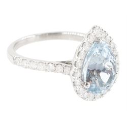 White gold aquamarine and diamond cluster ring, single pear cut aquamarine of approx 2.75 carat, surrounded by round brilliant cut diamonds and diamond set shoulders, hallmarked 9ct
