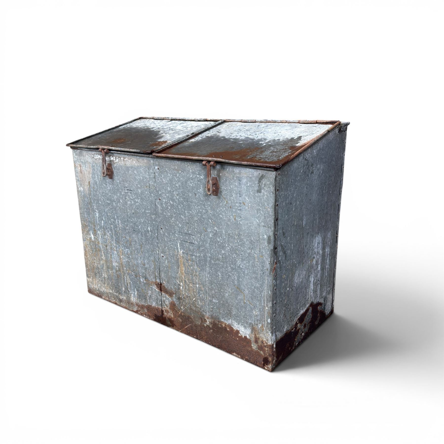 Early 20th century galvanised two division feed bin, sloped top