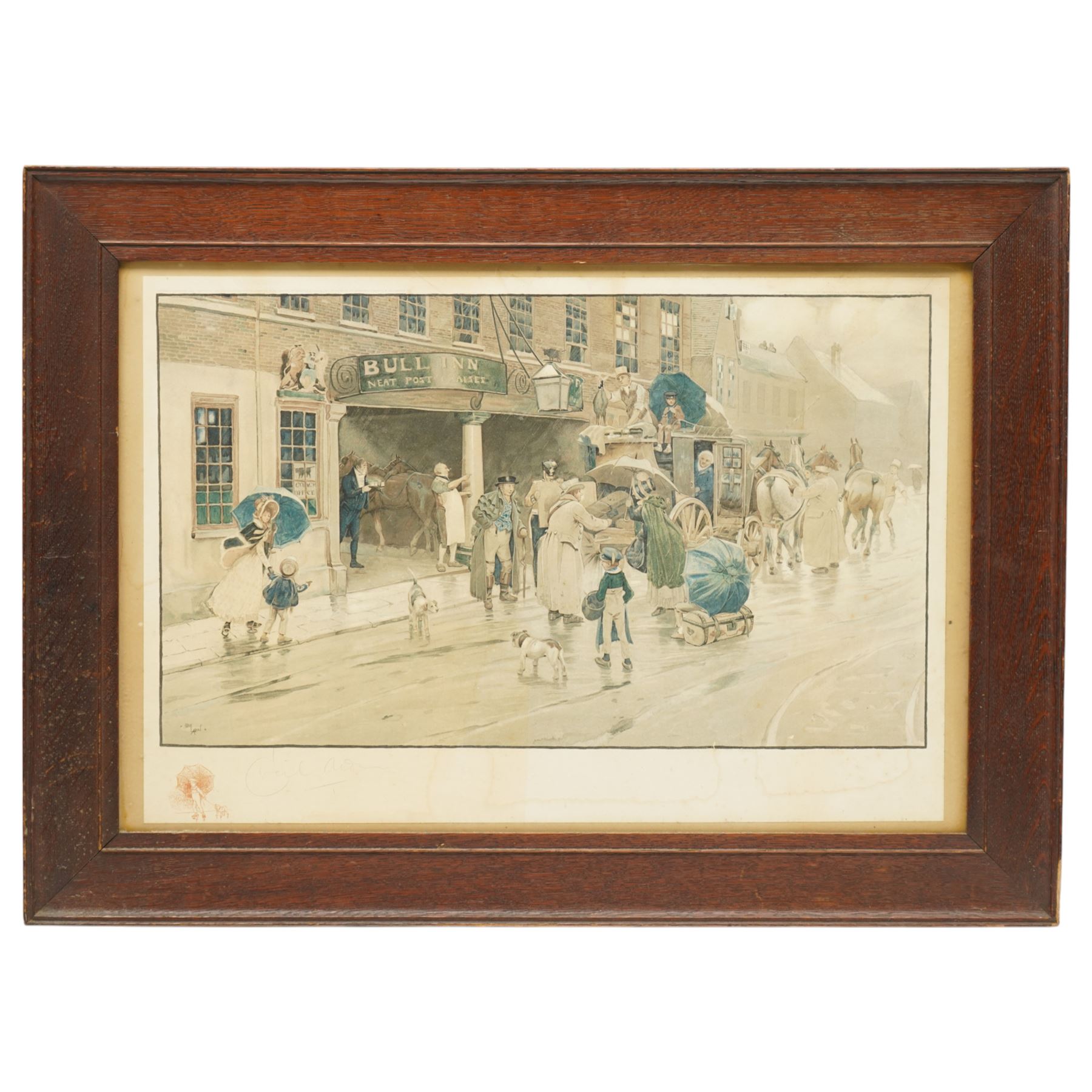 Cecil Aldin (British 1870-1935): 'Mated - a Game of Chess' 'Revoked - a Game of Cards' 'The Bull Inn' and 'Hunt at Breakfast', set of five chromolithographs, one signed max 42cm x 62cm (5)