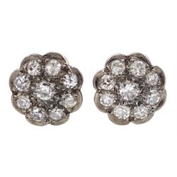 Pair of milgrain set old cut diamond daisy flower cluster stud earrings