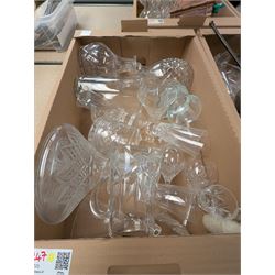 Collection of cut glass and crystal, including Dartington Crystal, glasses, decanters, vases, jug, carved wooden mask, Royal Worcester Evesham dishes, pewter tankard, Langham Glass cat, etc, in seven boxes