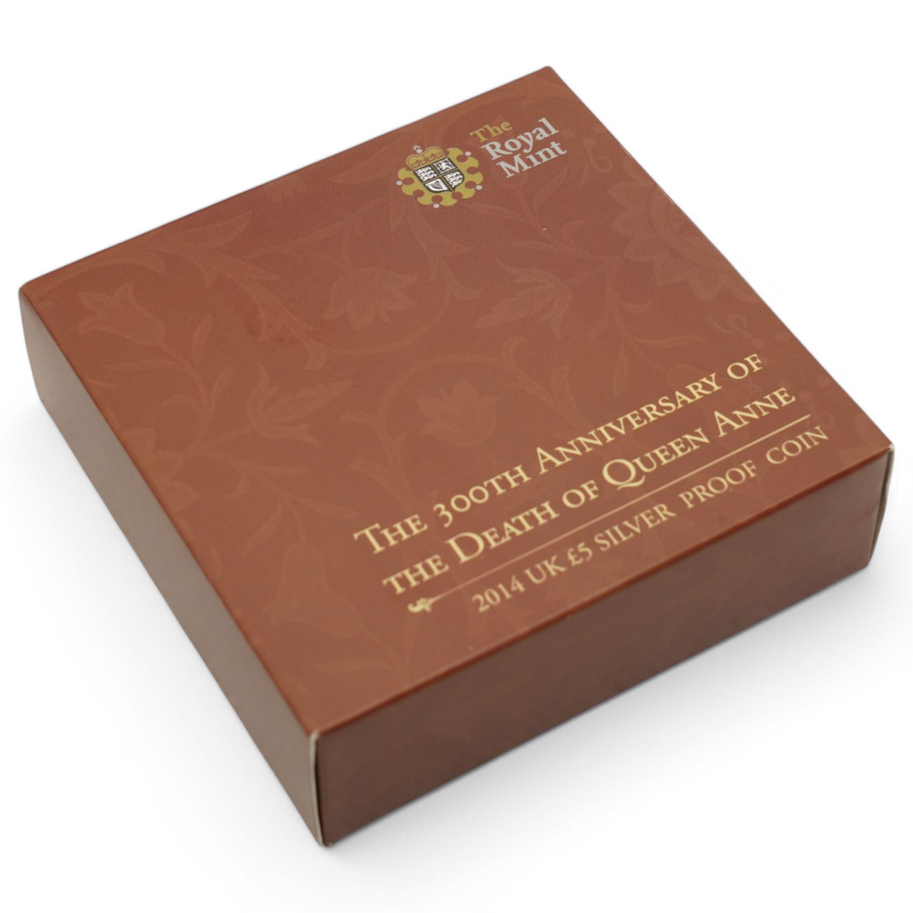 Four The Royal Mint United Kingdom silver proof five pound coins, comprising 2011 'The Royal Wedding', 2013 'The 60th Anniversary Of The Queen's Coronation', 2014 'The 300th Anniversary Of The Death Of Queen Anne' and 2017 'The Sapphire Jubilee Of Her Majesty The Queen', all cased with certificates