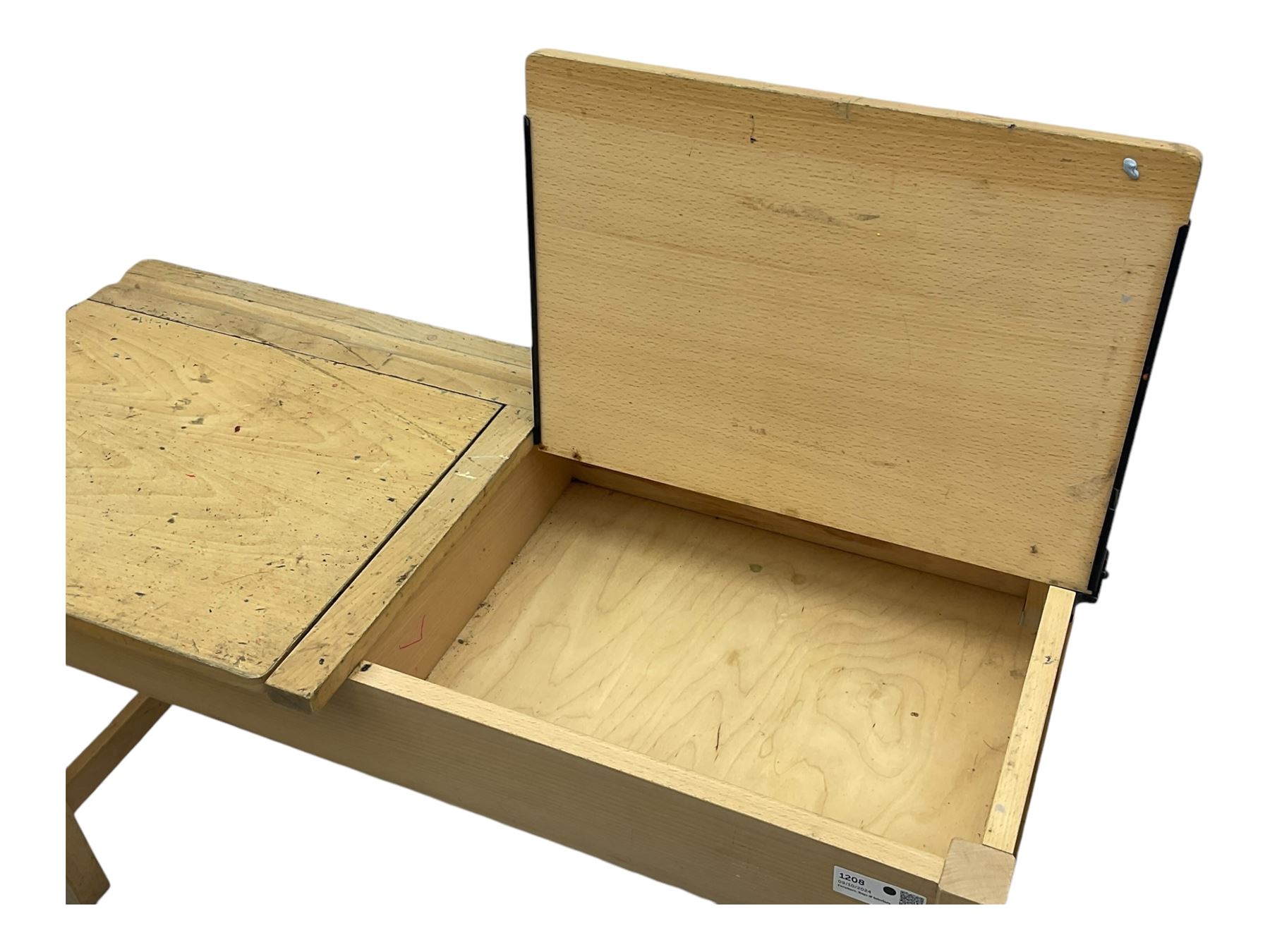 Mid-20th century beechwood school desk, rectangular lift-top desk with storage compartment, supported by square legs with cross stretchers; four matching beech chairs (5)