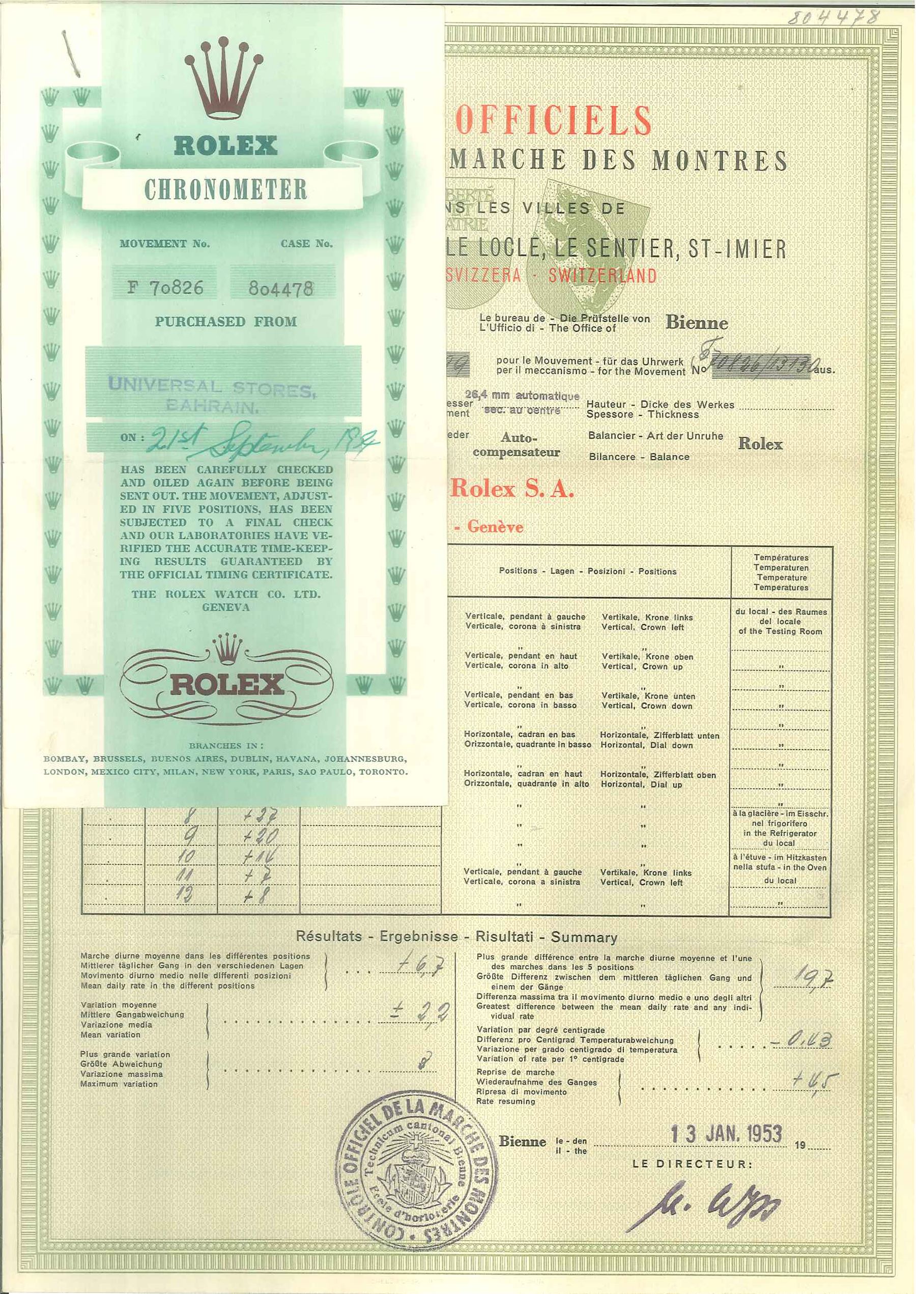 Rolex Oyster Perpetual gentleman's stainless steel automatic wristwatch, Ref. 6107, serial No. 804478, cream dial with dagger hour marks, on expanding Rolex bracelet, with fold-over clasp, with papers dated 1953 / 54