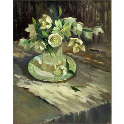 Iris Collett (British 1938-): Still Life of Christmas Roses, oil on board signed 50cm x 39cm
Provenance: from the second and final part of the artist's studio sale collection