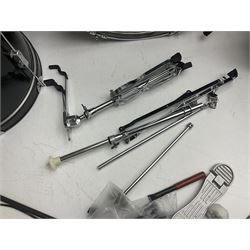 Rockburn eight-piece black drum kit with bass drum, floor tom and five other toms and snare drum; together with two other snare drums; Haosen bass drum; four cymbals; various stands, foot pedals, stool, tri-angle, drum sticks etc