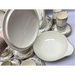 Royal Doulton Romance Collection Juliet pattern tea and dinner service for six, to include dinner plates, lidded tureen, teapot, teapots, saucers, jugs, sauce boat and stand, cake plate, coffee cans and saucers, soup bowls etc, including spares