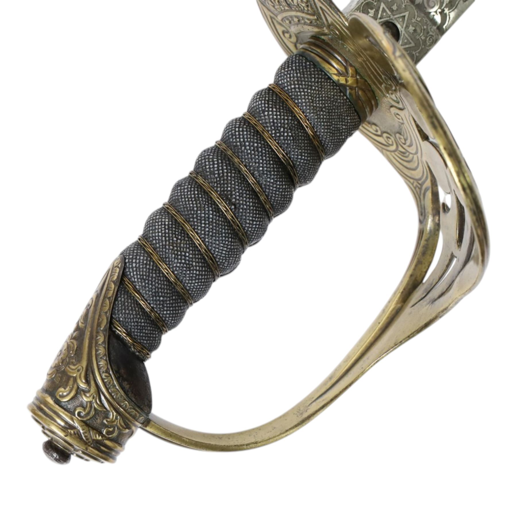 British 1874 pattern, named, 2nd Life Guards State sword by Henry Wilkinson, Pall Mall London, circa 1912, the 94cm straight single edged blade with George V monogram and cypher, together with battle honours and owners initials H.L.H, marked 43714 to the top, the steel nickel plated basket hilt with applied George V crown and 2nd life Guards monogram in gilt brass, shagreen bound grip with triple silver wire, with steel nickle plated scabbard with triple brass mounts with twin suspension rings, overall L114cm