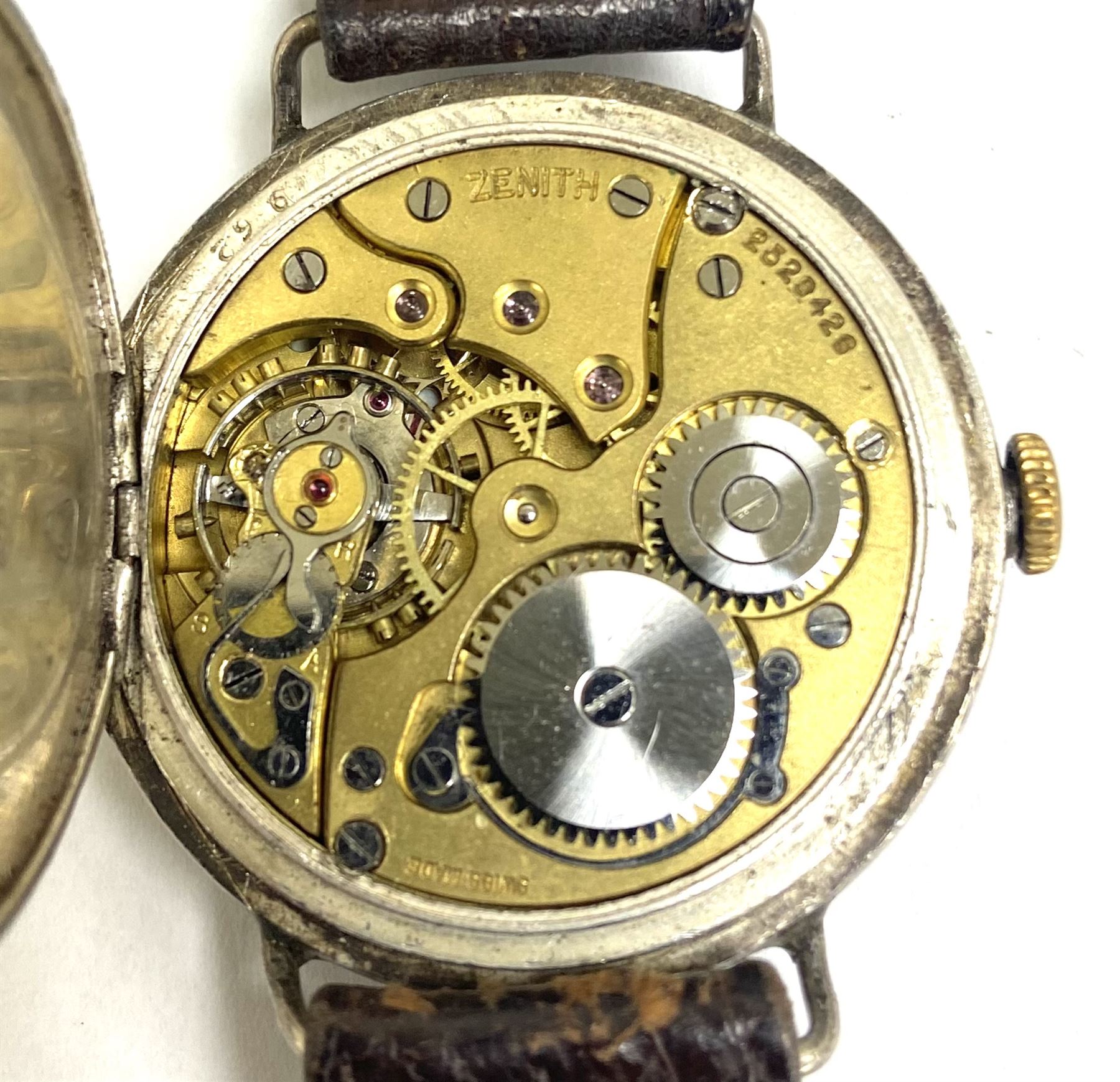 Zenith early 20th century silver manual wind wristwatch, No. 2529426, Roman numerals with subsidiary seconds dial and red 12 o'clock marker, Glasgow import marks 1938, on brown leather strap