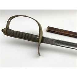 George V 1897 pattern army officer's sword the 82.5cm etched blade by Flights Ltd London, Winchester, Aldershot & Camberley, nickel plated pierced hilt and wire bound fish-skin grip, in leather scabbard, L101cm overall