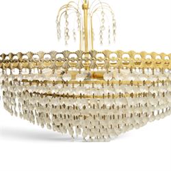 Art Deco style set of two chandeliers, brass and beaded glass, (H 60cm, Di 60cm) (H 75cm, Di 62cm) 