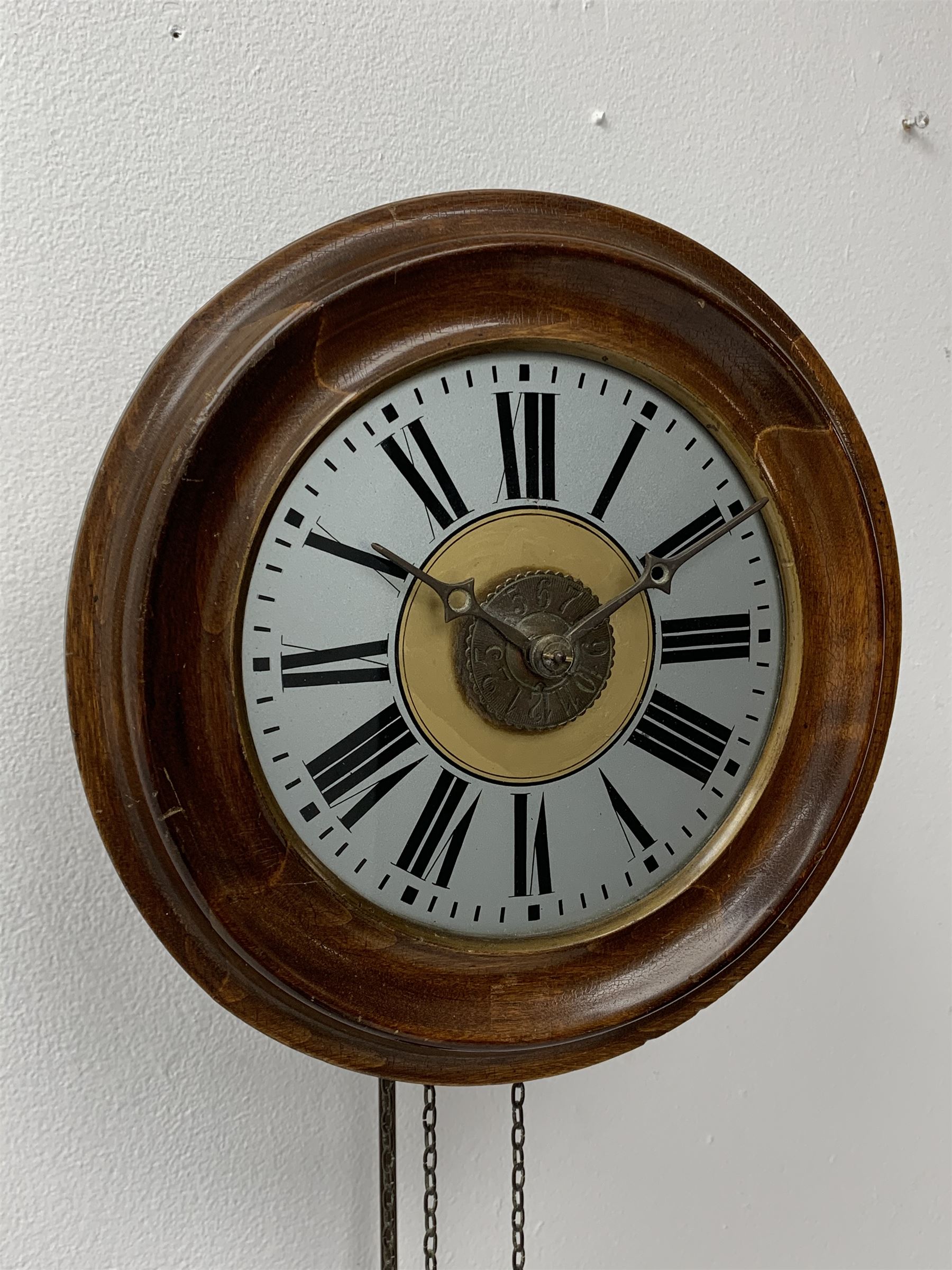 20th century Postman's style alarm wall clock, circular Roman dial in