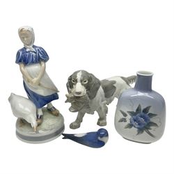Three pieces of Royal Copenhagen, comprising Swallow no 2374, Goose Girl no 527 and vase, together with Bing & Grondahl Spaniel with Bird
