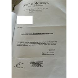 Pair of 18ct white and yellow gold Burmese ruby and diamond stud earrings, each cluster with five oval and round cut rubies and round brilliant cut and tapered baguette cut diamonds, total ruby weight approx 3.40 carat, total diamond weight approx 2.25 carat, in fitted box by Licht & Morrison, London