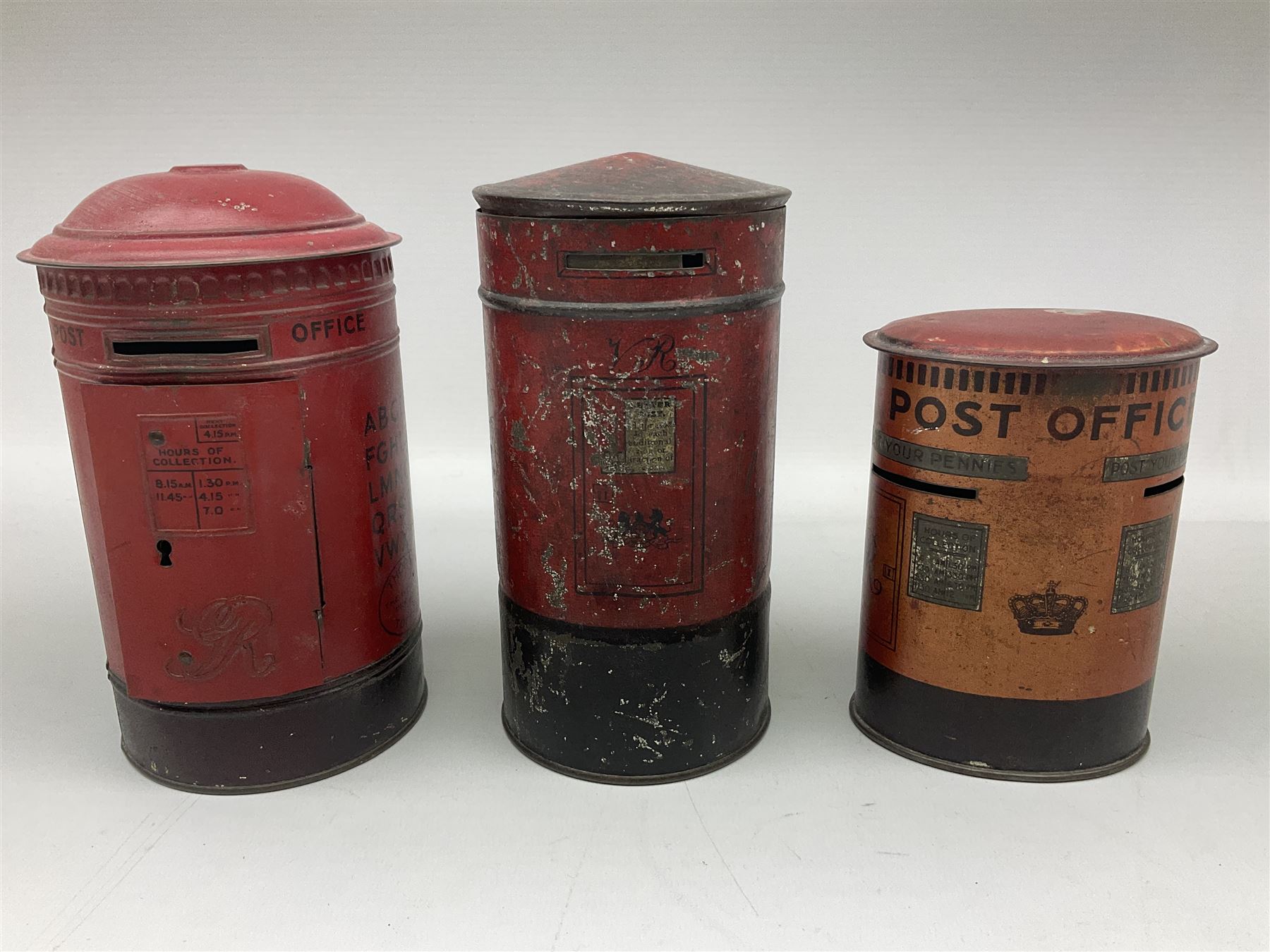 Collection of tin plate money boxes in the form of Royal Mail post boxes, to include four Chad Valley examples, one with key and others similar,  marked VR, GR and ER (10)