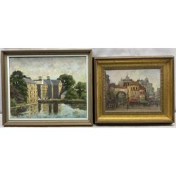 Pauline Shingles (Yorkshire 20th century): 'Maltings - Nafferton', oil on board signed, titled on label verso 39cm x 49cm; Continental School (20th century): Street Scene, oil on canvas indistinctly signed 26cm x 34cm (2)