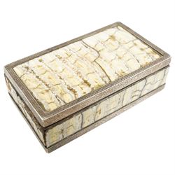 19th century mammoth tooth rectangular box with silver mounts, hinged cover and white meta...