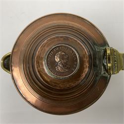 Late 18th/early 19th century copper lidded jug, of squat baluster form with planished body and lid, engraved with griffin's head, the domed hinged cover inset with a George III coin dated 1799, with brass pierced thumbpiece, scroll handle and spout, H16.5cm