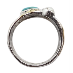  Silver and 14ct gold turquoise and pearl ring, stamped 925  