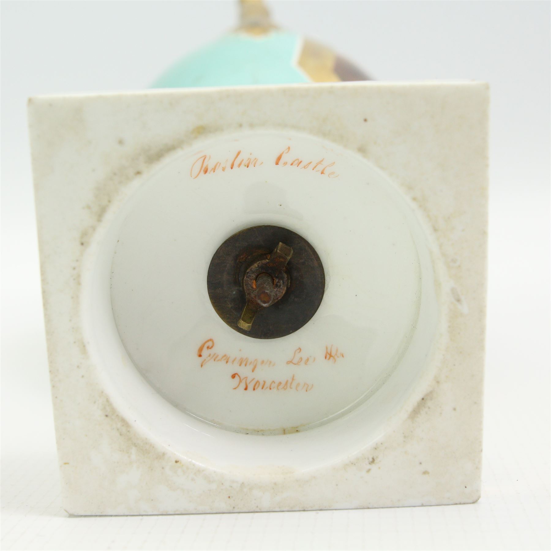 19th century Grainger Lee & Co. Worcester porcelain vase, hand painted with a view of 'Roslin Castle' within a gilt border, having twin scroll handles, marbled interior and square base, H25cm, together with a 19th century pot pourri base, hand painted with a continuous landscape scene, possibly Chamberlain Worcester, H9cm (2)