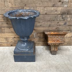 19th century blue painted cast iron lotus garden urn with plinth, and a cast iron rain hopper