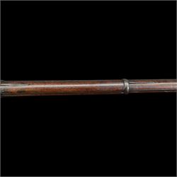 19th century Enfield percussion rifle, the 99cm barrel with three barrel bands, fore sight and rear sight, ramrod under, full walnut stock with brass butt, carrying sling brackets, action marked '1855 Tower' with Victoria cypher, overall L138cm
