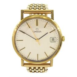 Omega gentleman's 9ct gold manual wind presentation wristwatch, silvered dial with baton hour markers and date aperture, on 9ct gold gate bracelet strap hallmarked