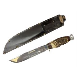 Bowie knife by J. Nowill & Sons Sheffield England Est. AD1700,  with 20cm steel blade, brass cross-piece, antler grip and alloy pommel; in leather sheath L35cm overall