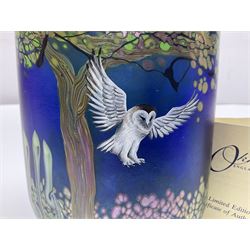 Okra limited edition glass vase, Night Owl, no 19/50, designed by Terri-Louise Colledge, of oval form, painted with a barn owl taking flight amongst leafy branches, upon an iridescent blue ground, etched marks and dated 2002 beneath, with limited edition certificate, H16.8cm, unboxed 