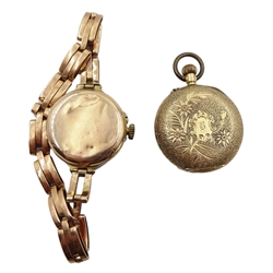  Aries early 20th century 9ct rose gold ladies wristwatch enamelled bezel, case by Stockwell & Co, London import marks 1916, on rose gold expanding strap stamped 9ct and Swiss gold ladies fob watch stamped 14K  