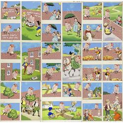 English School (Mid 20th century): Humpty Dumpty, eleven sheets each with three gouache illustrations, variously inscribed and dated 1972-1973 in the margin, each sheet approximately 28cm x 27cm; together with three further sheets containing similar gouache illustrations, max 54cm x 38cm (14)