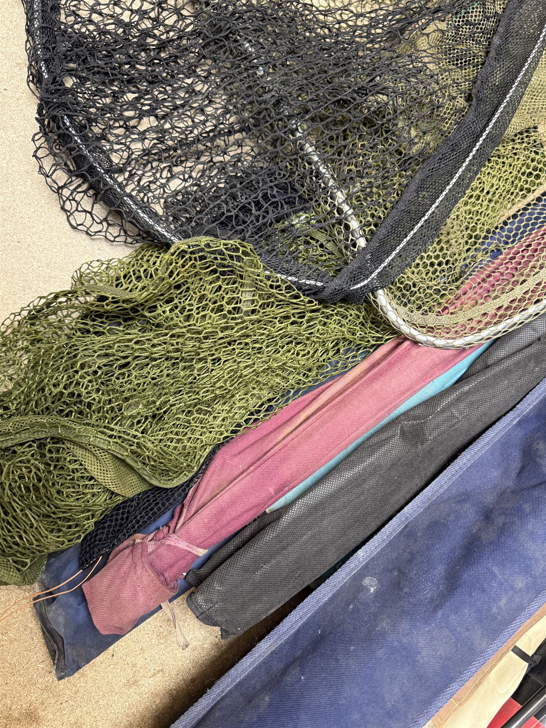 Collection of fishing rods and nets, including Alex Martin Scotia salmon rod, Shakespeare 1650, Allcocks Lucky Strike split cane rod and Chevron Pike 11ft, etc