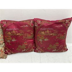 Collection of predominantly Chinese style cushions, to include feather down examples