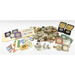 Coins including small number of Great British pre 1947 silver coins, various commemorative crowns, pre-decimal pennies, World coins including South Africa 1896 sixpence etc, various medals/medallions etc
