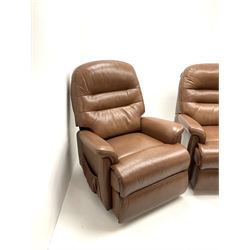 Sherborne three piece lounge suite upholstered in light brown leather – two seat sofa (W145cm), matching armchair (W84cm) and an electric reclining armchair (W85cm)