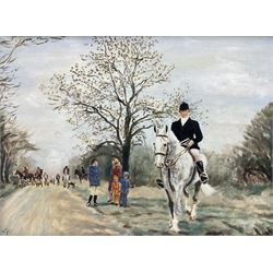 English School (20th century): Out on the Hunt, two oils on canvas signed with monogram MV one dated '75 max 29cm x 39cm (2)