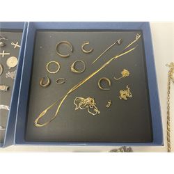 9ct gold jewellery including three necklaces and jewellery oddments, silver jewellery including necklaces and a stone set ring, costume jewellery and six wristwatches
