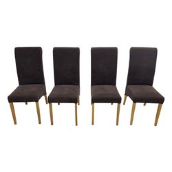 Set eight dining chairs, high back upholstered in chocolate faux suede fabric, on square tapering supports