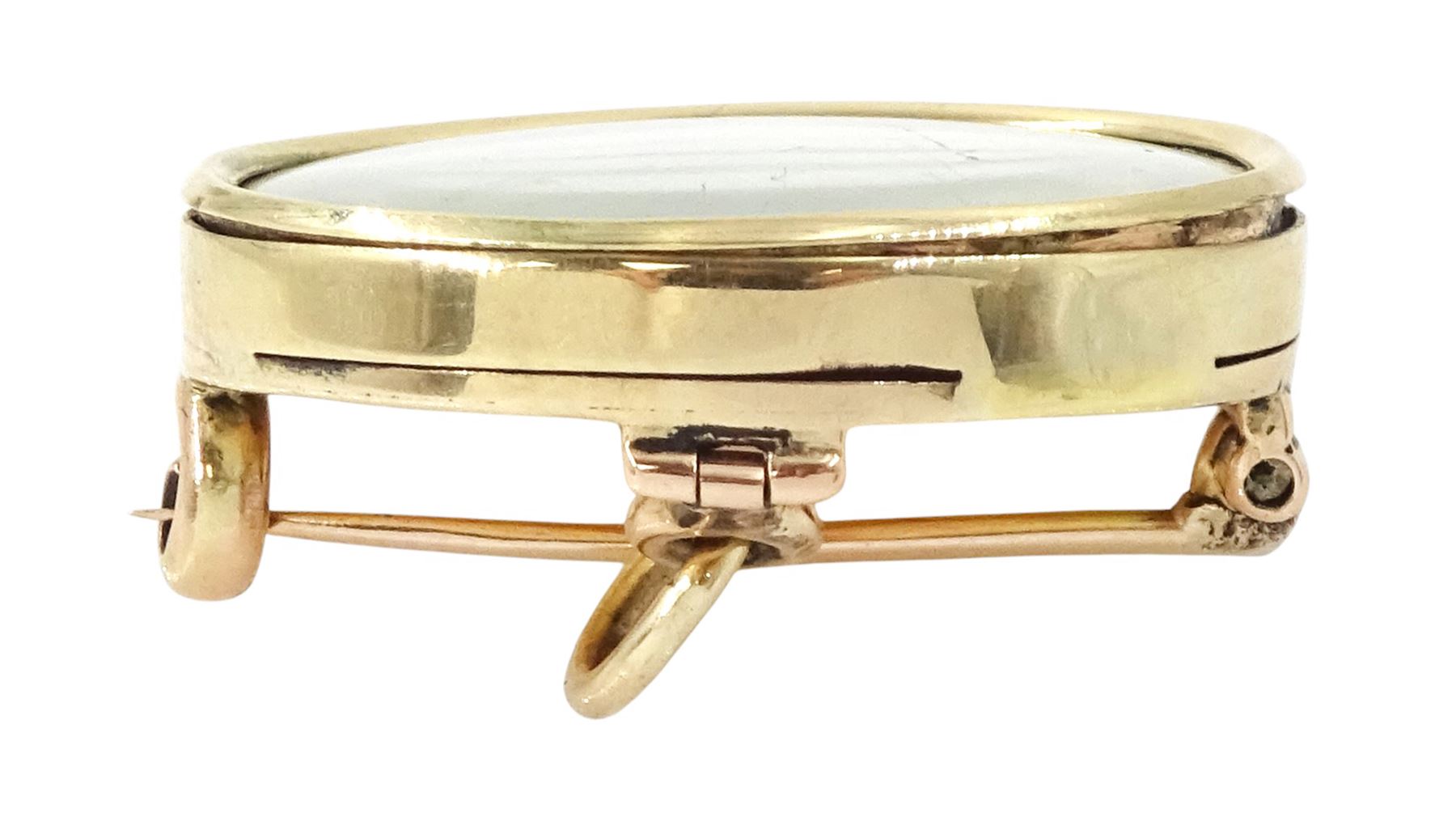 Victorian gold portrait brooch/pendant, set with a circular miniature of Pauline Bonaparte on ivory, under a glazed panel, within a gold mount, the reverse inscribed 'Pauline Bonaparte, B.Q.J, April 22nd 1891'. This lot has been registered for sale under Section 10 of the APHA Ivory Act