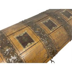 19th century painted oak sea chest, hinged dome top enclosing small compartment, bound by shaped and pressed metal strapwork, scumbled finish to resemble oak and painted with small vignettes depicting portraits and landscapes within panels, fitted with large wrought metal carrying handles, the front inscribed 'H.J.S. 1870' 