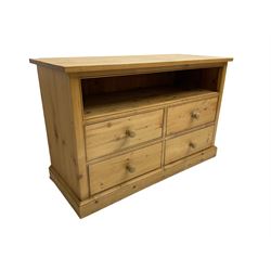 Solid pine media unit, with single shelf and four drawers on plinth base