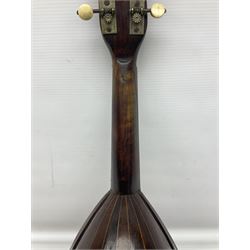 Late 19th century Italian lute back mandolin with segmented bowl back, bears label Gennaro Maglioni Napoli L61cm; in ebonised wooden case; together with another similar damaged Italian lute back mandolin for restoration or spares (2)